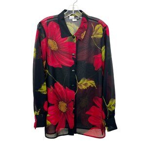 Vintage Michele Michelle Black & Red Floral Sheer Blouse Y2K 90s - Size 12